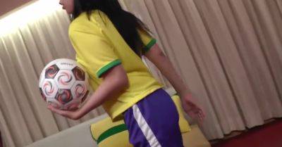 Brunette Ladyboy in a Football Jersey Strips White Panties and Rides a Cock - hotmovs.com